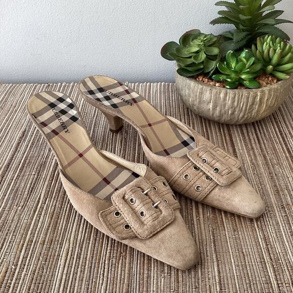 Burberry Novacheck Buckle Kitten Heel Suede Point Toe Mules Womens EU 37.5 - Picture 1 of 8